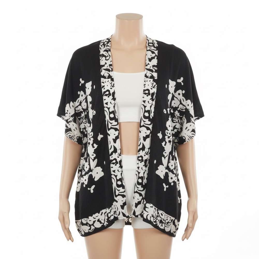 Christian Siriano Black White Floral Linen Rayon Kimono Cardigan Cover Up Small